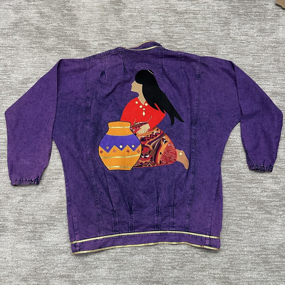 VTG Zax Jacket Women L Purple Acid Wash Southwestern Studded Embellished 80s 90s